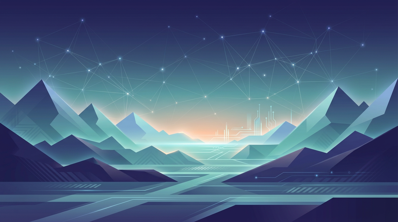Abstract digital horizon with geometric mountains and glowing network nodes